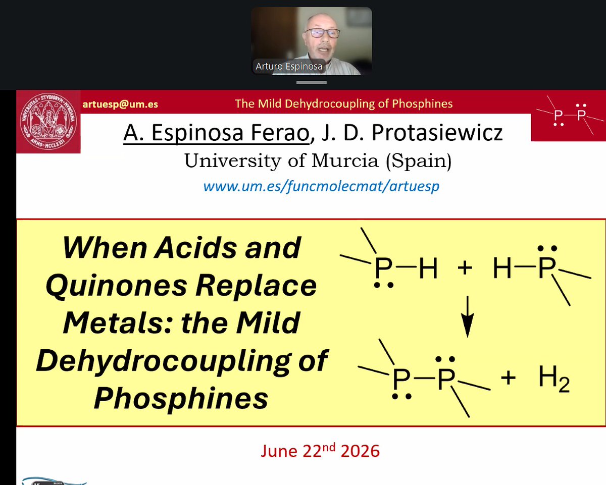 aliciareyplane1's tweet photo. It is an honor to attend the presentation of my PhD supervisor, @ArturoEspinosaF from @UMU
🧪 Looking forward to this insightful talk on innovative metal-free approaches in phosphorus chemistry. @PhosChemSpain
#SWPC #PhosphorusChemistry https://t.co/nW2LEAhYIN