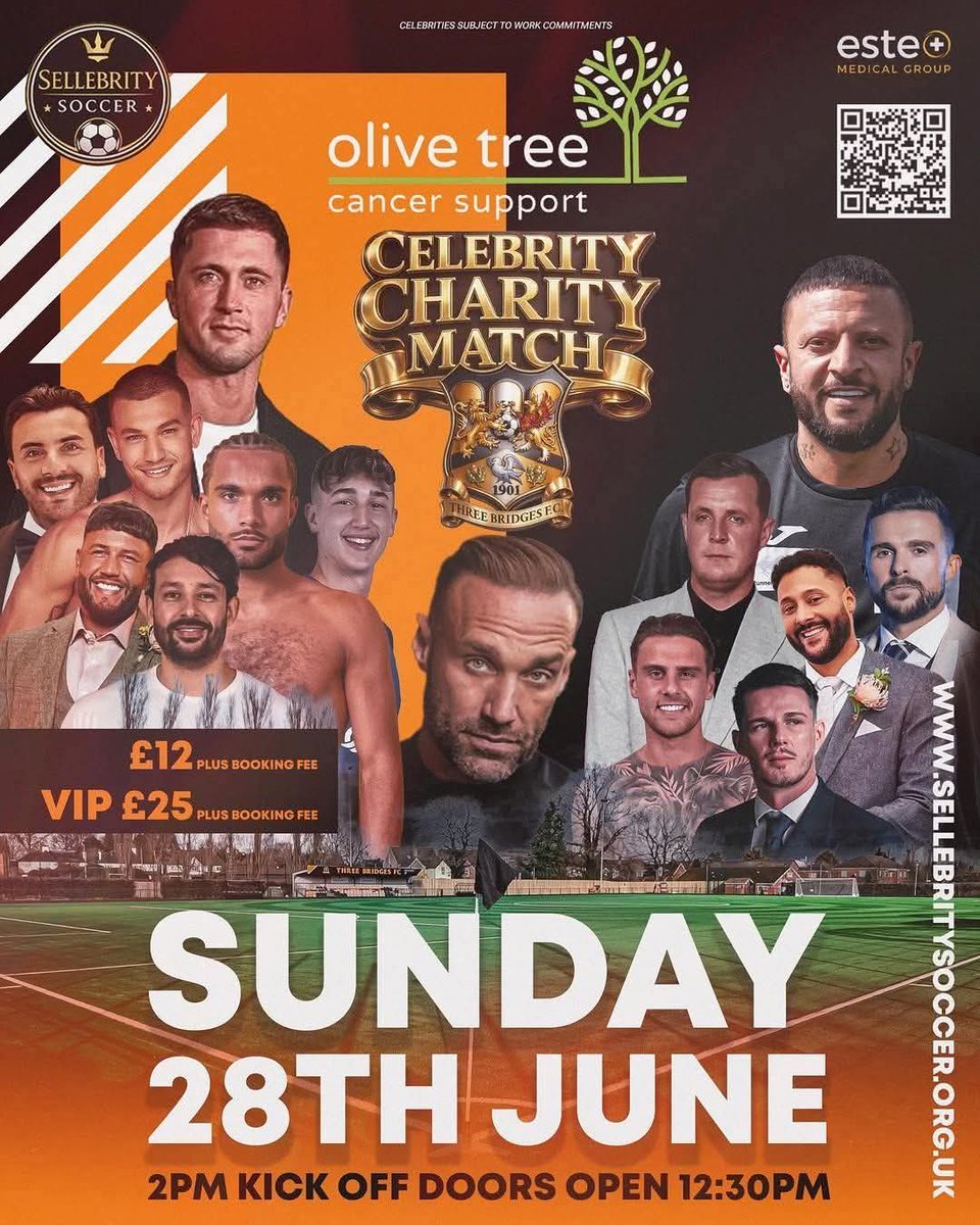 ThreeBridgesFC's tweet photo. ON SUNDAY 28 JUNE, SELLEBRITY SOCCER IS COMING TO THREE BRIDGES!

Join us for a celebrity charity football match on Sunday 28 June, in support of Olive Tree Cancer Support. Gates open at 12:30pm, with kick-off at 2:00pm ⚽

🎟️🔗 https://t.co/aBFNKgU4VZ

#UpTheBridges🧡🖤 https://t.co/9cImQLeQaA