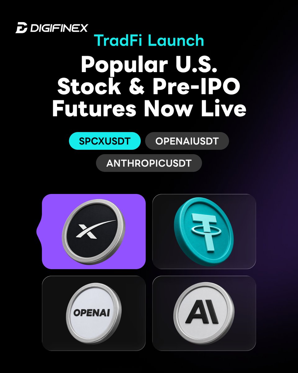DigiFinex's tweet photo. 🚀 Popular U.S.  Stock &amp; Pre-IPO Futures Now Live on #DigiFinex!

Trade new perpetual futures pairs:
SPCXUSDT | OPENAIUSDT | ANTHROPICUSDT | QNTXUSDT

More stock futures pairs are on the way. Explore TradFi futures on #DigiFinex！ https://t.co/ue8guk5cp6