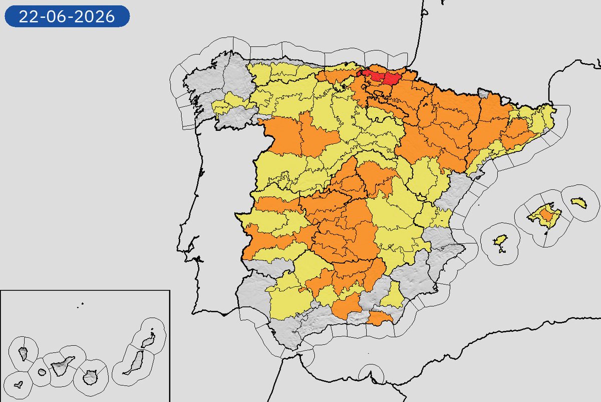 AEMET_Esp's tweet photo. 22/06 12:18 AVISOS HOY Y MAÑANA | España: temperaturas máximas y tormentas. Nivel máximo de aviso: rojo.
Actualizaciones en https://t.co/BLdoSsO2Qv https://t.co/7UivxDwImc