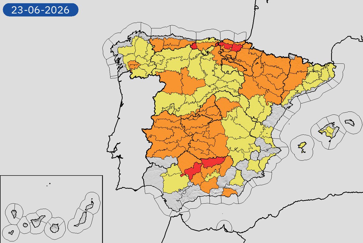AEMET_Esp's tweet photo. 22/06 12:18 AVISOS HOY Y MAÑANA | España: temperaturas máximas y tormentas. Nivel máximo de aviso: rojo.
Actualizaciones en https://t.co/BLdoSsO2Qv https://t.co/7UivxDwImc