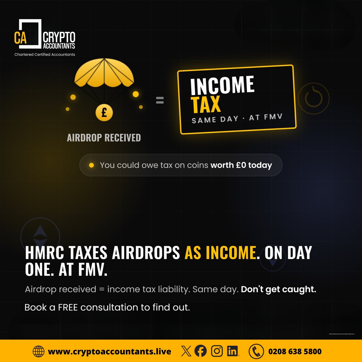 CryptoAccUK's tweet photo. Airdrop in your wallet?

HMRC taxes it as income on day one. Fair Market Value, that day, at your marginal rate.

You owe income tax now, even before you sell.

Thousands of UK traders have missed this. HMRC is catching up.

📞 0208 638 5800
🌐 https://t.co/3TjkJY5VK6
📌 https://t.co/qvWa1T0mXY

#CryptoTax #HMRC #UKCrypto