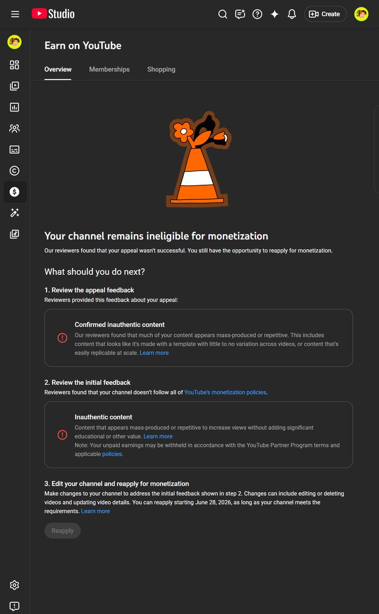 ZyrexInsight's tweet photo. Day 84 of being demonetized without any clear violation.

Before creating my Shorts, I carefully read YouTube's policies. My channel was flagged for "inauthentic content," but this does not align with the videos I create. I do not make AI-generated or mass-produced content. Every video starts from my own ideas, followed by research, heavy editing, and my own commentary. I put significant time and effort into creating educational content.
For the past 84 days, I have been respectfully seeking a real human review, but I have only received template responses. Whenever I ask for clarification, I am not told which videos violate the policy, and my conversations are often closed without addressing my concerns.
You previously advised me to contact email support, but the response I received was:

"It looks like our team had already reviewed your appeal."

With all due respect, please don't say again, "Since you're already in touch with our Creator Support team," because I have already followed that advice. After 84 days, I still haven't been given the opportunity for a genuine human review.

I respectfully request one real human reviewer to take another look at my channel and monetization decision. I'm not asking for special treatment only a fair review and the chance to understand what went wrong.

Content creation is my livelihood and helps support my family. Despite this difficult situation, I remain hopeful and believe in the fairness of the platform.

This is my channel link:
https://t.co/SR5MbqngPN
Thank you for your time and consideration.

@TeamYouTube @nealmohan @YouTube @YouTubeCreators