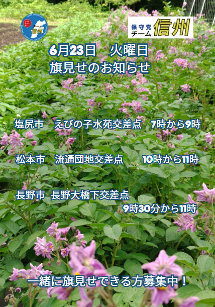 HoshutoShinshyu's tweet photo. 保守党チーム信州
6月23日　火曜日　旗見せの予定です。 https://t.co/SX1dU7THv8
