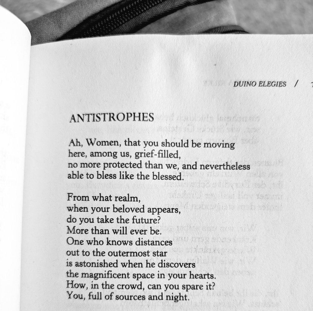 biancastone's tweet photo. Ah, Women, that you should be moving
here, among us, grief-filled,
no more protected than we, &amp; 
nevertheless
able to bless like the blessed...

One who knows distances
out to the outermost star
is astonished when he discovers 
the magnificent space in your hearts.

Rilke
🙂‍↕️❤️‍🔥 https://t.co/BBJp8sW1Gd