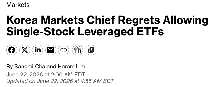 wallstengine's tweet photo. South Korea’s top financial regulator says he regrets not blocking single-stock leveraged ETFs tracking Samsung and SK Hynix.

The 16 ETFs have grown from $3B at launch in late May to $9.1B, with retail investors holding about 92%.

Officials are now weighing stabilization steps as volatility rises.

Goldman estimates a 5% swing in Korean stocks could trigger $4.7B of option-dealer rebalancing flows, equal to about one-eighth of normal daily share turnover.