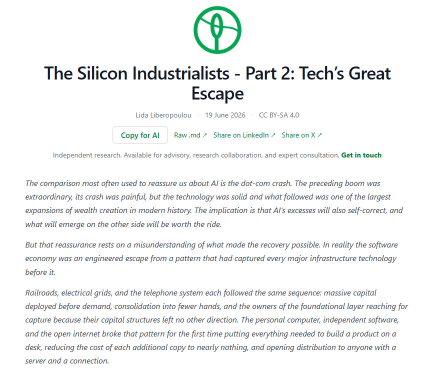 threadbaire's tweet photo. 1/2
What if the dot-com bubble is the wrong comparison for AI?

The recovery everyone points to wasn't a natural correction. It was engineered by specific institutional decisions that no longer exist. Before software, every major infrastructure technology followed the same sequence AI is following now. They had massive capital expenses before demand, consolidation, and the owner of the foundational layer capturing everything above it. Railroads, electrical grids, and telephony all passed through it.

The personal computer, independent software, and the open internet broke that pattern for the first time. Each break was designed by people who understood that once the owner of the infrastructure controls the layers above it, the loop closes and stays closed. 

A consent decree that opened monopolised science. An unbundling that separated software from hardware. A conditioned privatisation that built the open internet before anyone could close it. These were three interventions with one function. To prevent the owner of the foundational layer from controlling what could be built on top of it.

The result was one of the largest economic booms in modern history. And when the dot-com bust came, the open substrate survived. The recovery happened because the conditions were structural. But none of these conditions exist for AI.