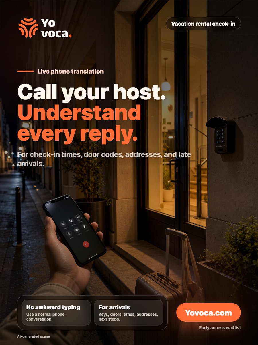 QingBuilds0's tweet photo. You're outside your Airbnb in Kyoto at 11pm.

The door code isn't working. The host isn't texting back —
just a number to call. It rings in Japanese.

That's the call Yovoca's for: you call, speak English, hear
the host back live, and get inside.

Early access → https://t.co/8DWUNw6gYb