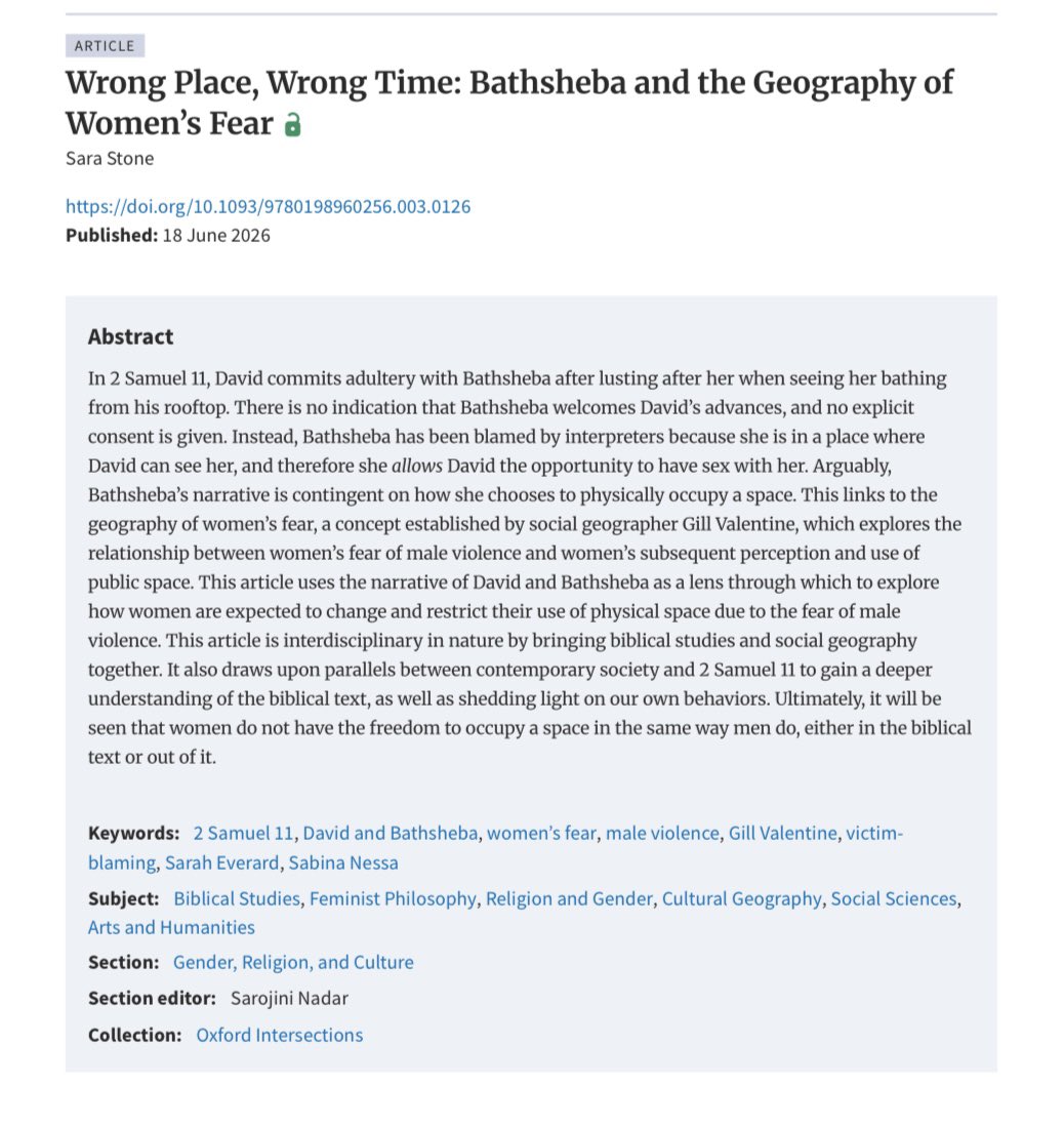 wordsfromastone's tweet photo. Excited to have another article published before the end of my PhD! This time in a new interdisciplinary journal from @OUPAcademic. It’s titled “Wrong Place, Wrong Time: Bathsheba and the Geography of Women’s Fear” and you can find it here! https://t.co/8WR6ahslSS https://t.co/2CLmZ6InLE