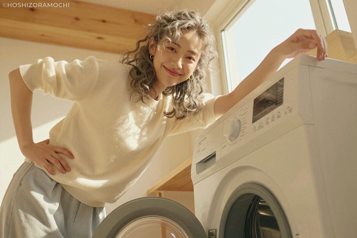 新しい洗濯機が嬉しくて、ついポーズ??夕暮れの光が綺麗に入り込む 