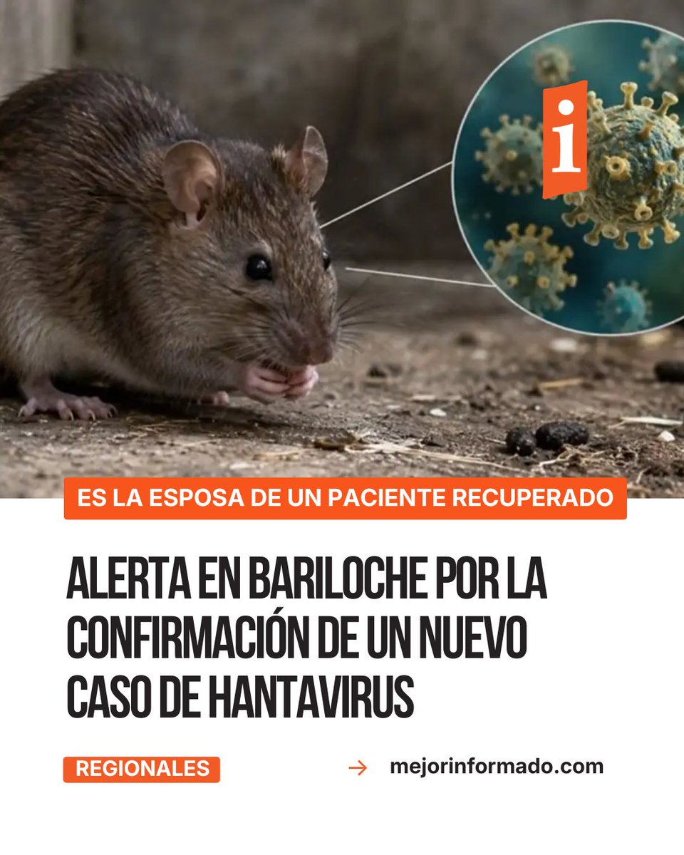 mejorinformado's tweet photo. 🚨 Confirmaron un nuevo caso de hantavirus en Bariloche

🚑 Un nuevo caso de hantavirus fue confirmado este domingo en Bariloche. Se trata de la esposa de un hombre que había padecido la enfermedad hace 45 días y que ya había recibido el alta médica.

🏥 Según informaron desde el Hospital Dr. Ramón Carrillo, la mujer había cumplido con el aislamiento preventivo de 21 días establecido para los contactos estrechos. Durante ese período no presentó síntomas y tampoco retomó sus actividades laborales.

👩��⚕️ Sin embargo, en los últimos días comenzó con un cuadro que inicialmente fue atribuido a una infección urinaria. Posteriormente aparecieron otros síntomas compatibles con la enfermedad, entre ellos fiebre, dolores musculares y tos.

🔗 Los detalles del caso en ➡️ https://t.co/37ZOsX1Lfm