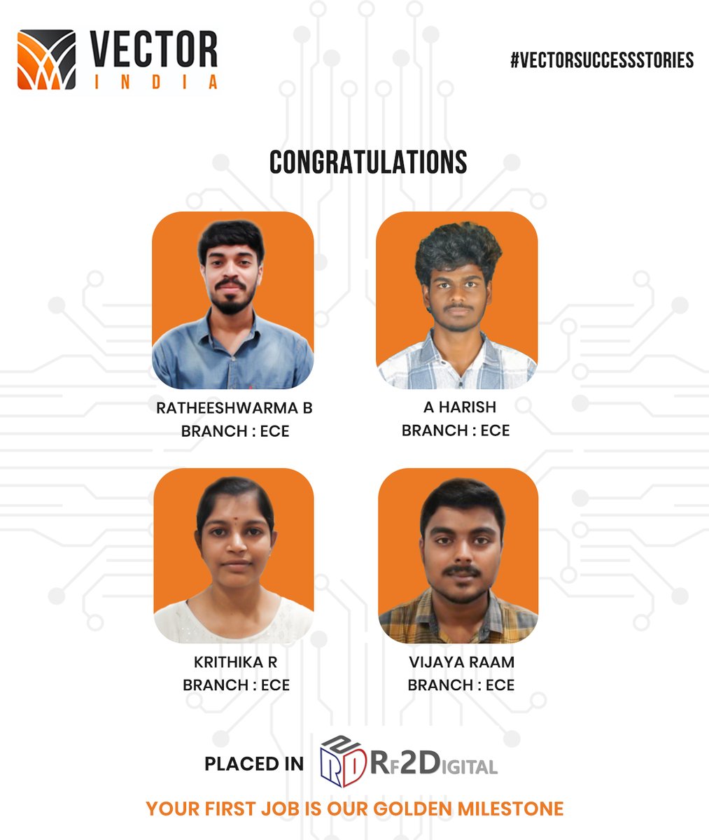 Vector_India's tweet photo. Congratulations to Ratheeshwarma B, A Harish, Krithika R & Vijaya Raam (ECE) on their placement at RF2 Digital #VectorSuccessStories #PlacementAlert #PlacedStudents #ECE #EngineeringStudents #CampusPlacement #CareerSuccess #RF2Digital #EmbeddedSystems #TechCareers #FutureEngineer https://t.co/0VxOfKCH5j