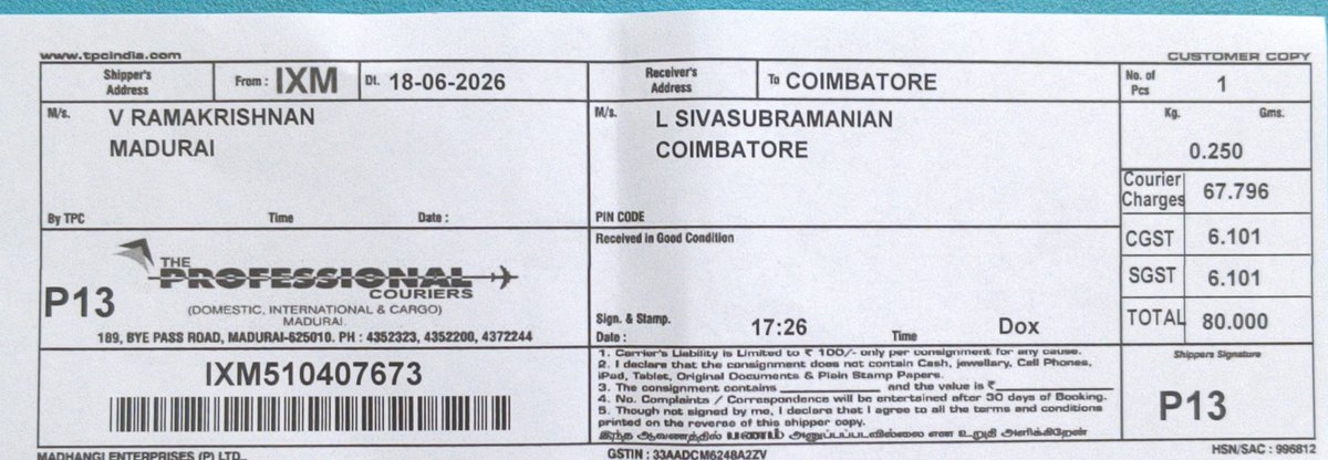 vrkmdu1's tweet photo. @TPCGlobeCares Consignmet dated 18.6.26 from IXM to CJB not delivered as on 22.6.26. Receipt attached. Please update the status https://t.co/sAwa6HedhX