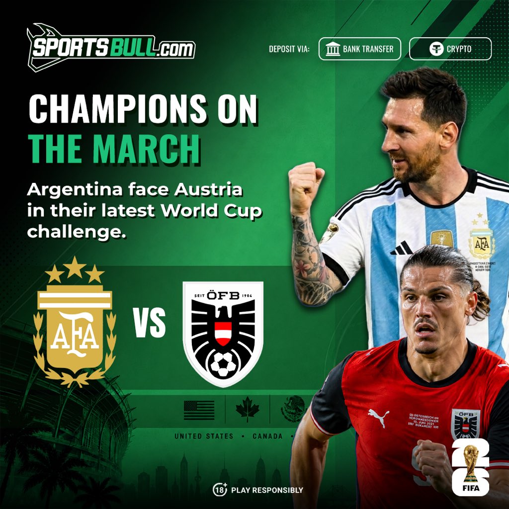 SportsBull_'s tweet photo. Argentina’s title defense faces another hurdle. Can Austria stop the march? ⚽🏆

#sportstrading #sportsbull #fifa26 #fifaworldcup2026 #predictionmarkets https://t.co/A2h7f9BRrT