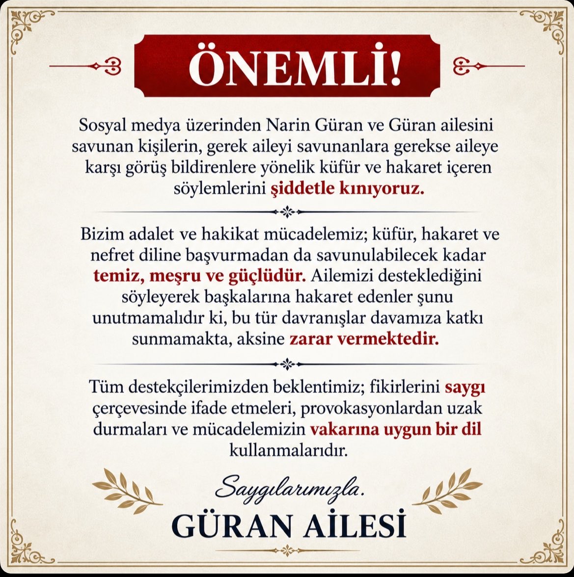 NarinGuranadlt's tweet photo. Narin ve ailesine zarar vermek isteyenler hakaret etmeye devam edebilir. https://t.co/mA6VBaSYha
