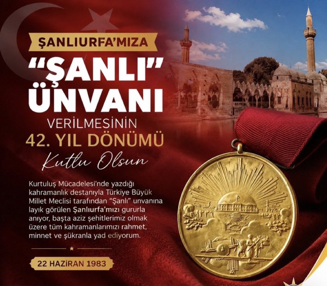 emin_ciftci's tweet photo. 42 yıl önce verilen “Şanlı” unvanı, yalnızca bir isim değil; fedakârlığın, direnişin ve kahramanlığın nesillere mirasıdır. Bu onuru bize emanet eden ecdadımızı rahmet ve minnetle anıyoruz.🇹🇷

#Şanlıurfa #Vefa #Kahramanlık https://t.co/PsQ5yRg6WY