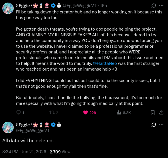 KazamaVT's tweet photo. I had to deal with the same BS when I told people I was working on @BacharuToshokan . The death threats were constant and people were just not letting down.

To see the creator hub get shutdown actually saddens me since it looked promising and I would of used it myself. Nevertheless, amazing work to @EggieWeggieVT and @HaittaNeo for the attempt. 

Hoping the project gets revived again someday 👐