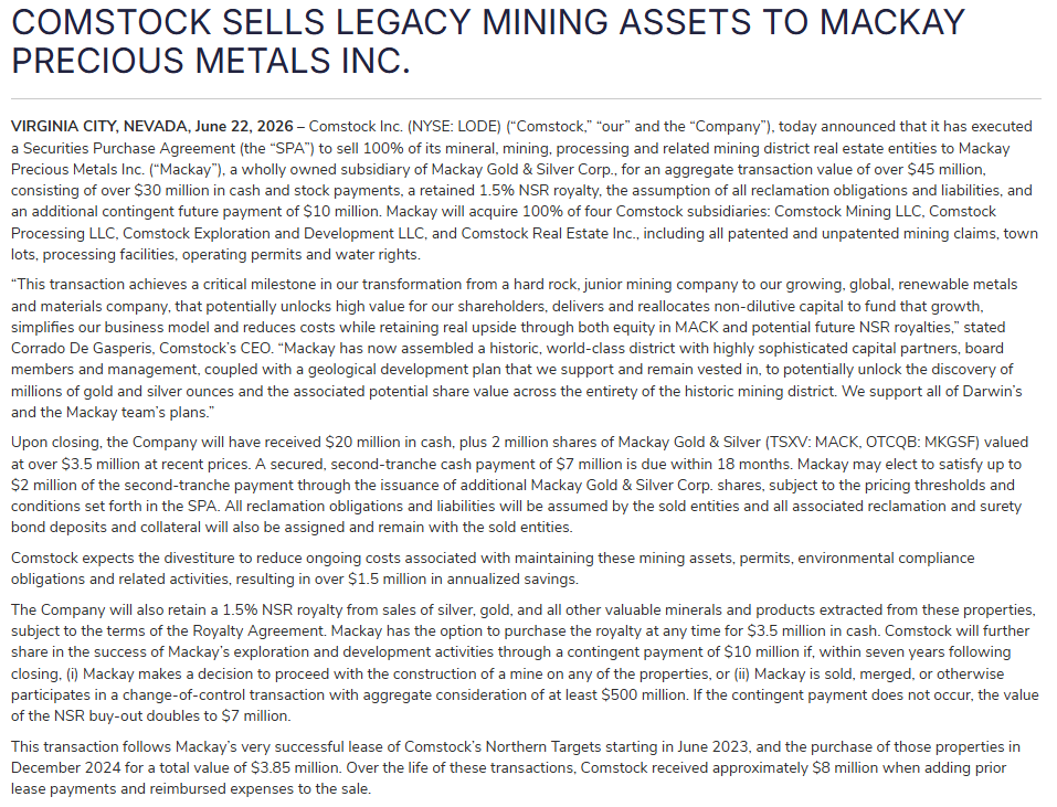 AlmostMongolian's tweet photo. $LODE sells the mining assets for $45 million. 
$20 million cash and 2 million shares of Mackay.
$7 million within 18 months, of which $2 million could be shares.
If they decide to mine within 7 years or get bought out for +$500 million, Comstock gets another $10 million contingent payment
1.5% royalty that Mackay can buy back for $3.5 million or $7 million if the contingent payment doesn't happen.
Comstock reduces costs by $1.5 million annually.
Very good news. First of all, Comstock delivered something before their projection, which is very rare for them. 
They have said they will reinvest this money in the solar recycling business; this is enough to cover the Capex for 2-3 new facilities. 
Our risk of another surprise capital raise at a significant discount if the metals plant takes longer to ramp up is significantly lower now.