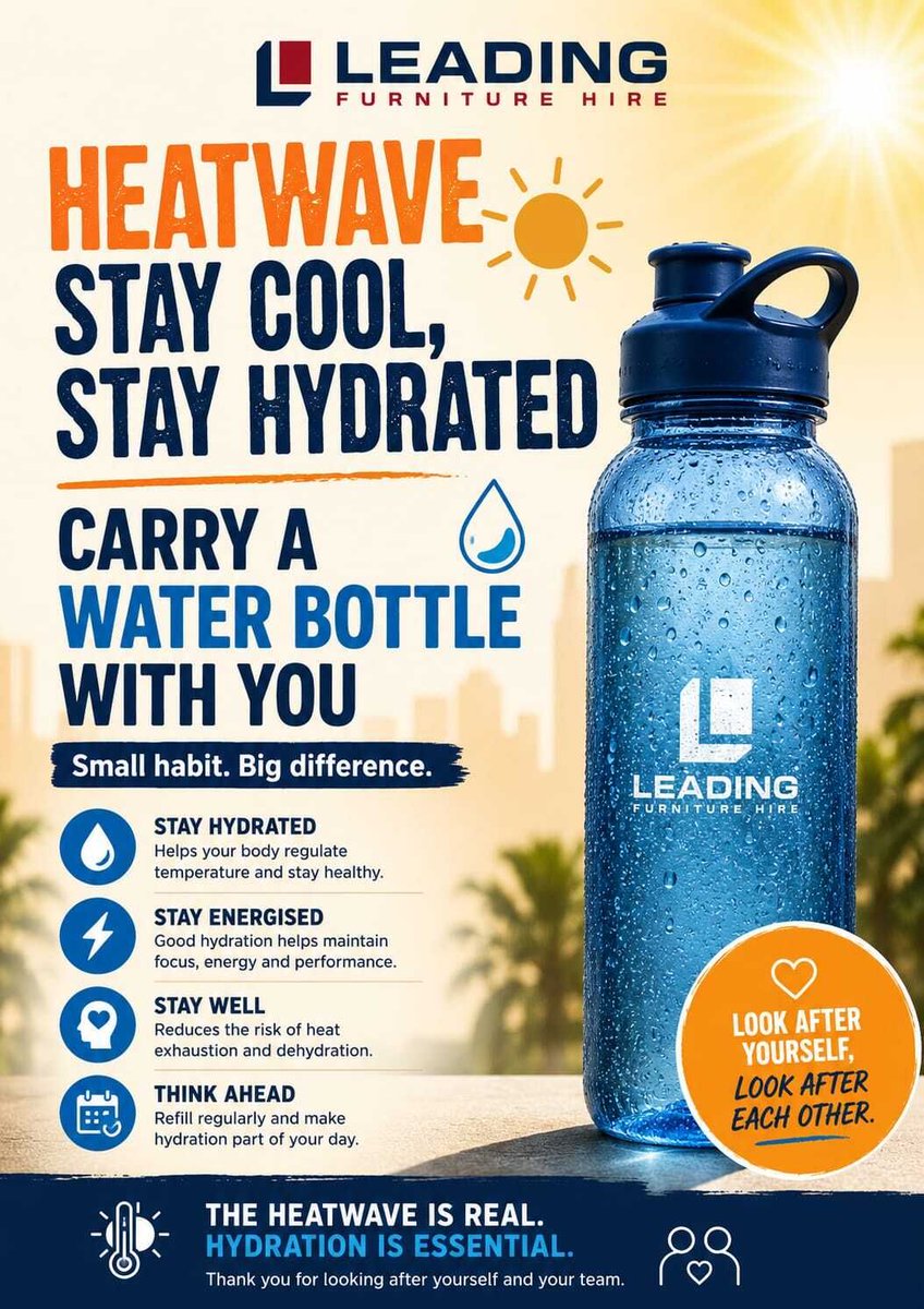LeadingHire's tweet photo. June 2026 heatwave high temperatures across London remember to stay safe.

💧 Drink plenty of water 
👶 Keep a close eye on young kids &amp; babies
👵 Check on elderly relatives &amp; neighbours
🌳 Stay in the shade &amp; avoid prolonged exposure during the hottest parts of the day https://t.co/QUHEJronZE