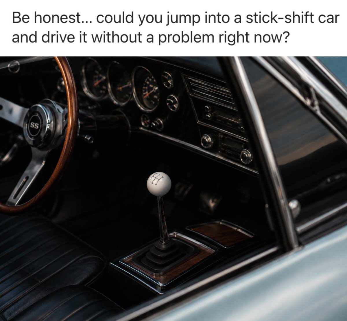 MensHumor's tweet photo. The generation that can troubleshoot Wi-Fi, Bluetooth, and AI still gets humbled by three pedals. https://t.co/1fytnVODIy