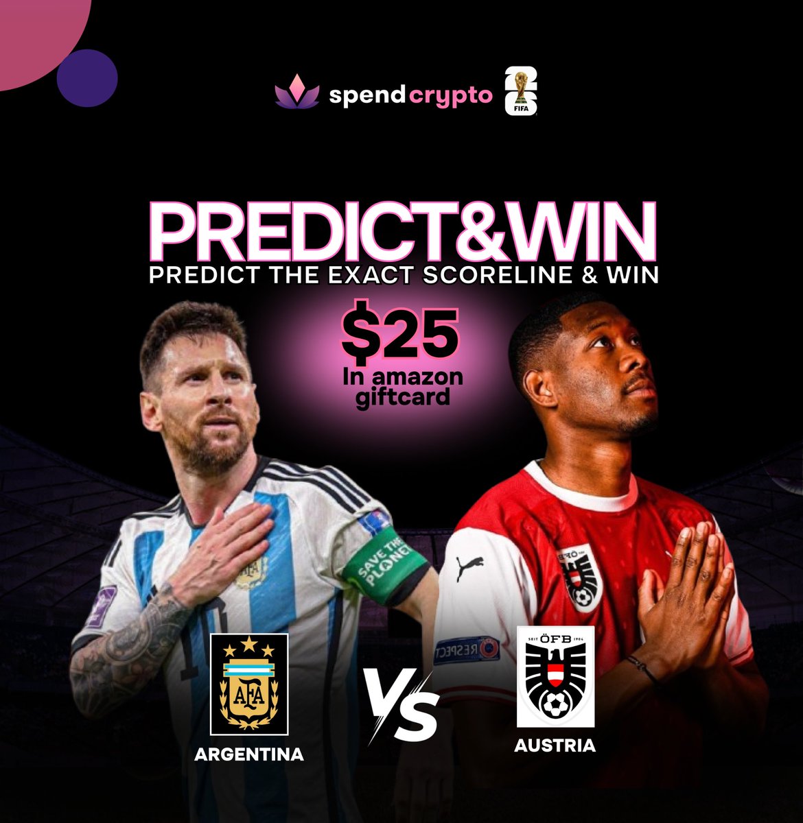 goSpendCrypto's tweet photo. ⚽ PREDICT THE SCORE. WIN A $25 AMAZON GIFT CARD! 🎁

The match is almost here, and we're giving away a $25 Amazon Gift Card to the FIRST person who correctly predicts the final score.

How to enter:

✅ Follow @SpendCry
✅ Tag 3 friends in the comments
✅ Drop your score prediction

🎯 The first person with the exact correct score wins.

Think you know football better than everyone else?

Drop your prediction below before kickoff 👇

🔥 One prediction could turn into a free shopping spree.

#SpendCrypto #WorldCup #FootballPrediction #AmazonGiftCard #CryptoCommunity #Giveaway