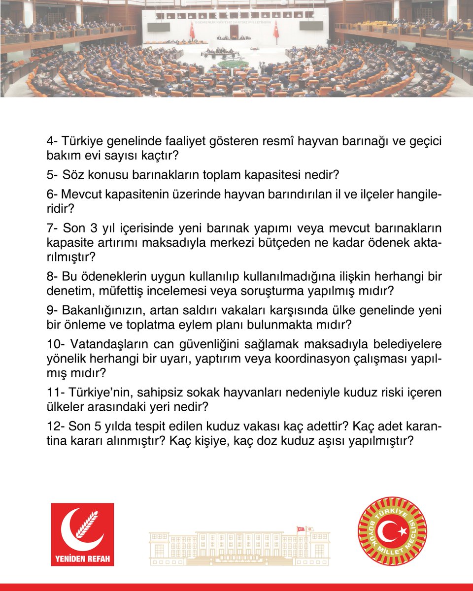 rprefahpartisi's tweet photo. Sahipsiz köpek saldırılarındaki artış, vatandaşların can güvenliğini tehdit eden ciddi bir soruna dönüşmüşken, iktidarın ve ilgili kurumların sorunun çözümünde yetersiz kaldığı görülmektedir. Çocukların parklarda, vatandaşların sokaklarda güvenle dolaşamadığı bir ortam oluşmasına rağmen, sahipsiz hayvanların toplanması ve rehabilitasyonu konusunda etkili adımlar atılmamıştır. Bu tablo, yalnızca yerel yönetimlerin değil, merkezi idarenin de koordinasyon ve denetim görevini yerine getiremediğini ortaya koymaktadır. Konu ile ilgili yazılı soru önergemiz, Konya Milletvekilimiz Ali Yüksel tarafından TBMM’ye sunulmuştur.
