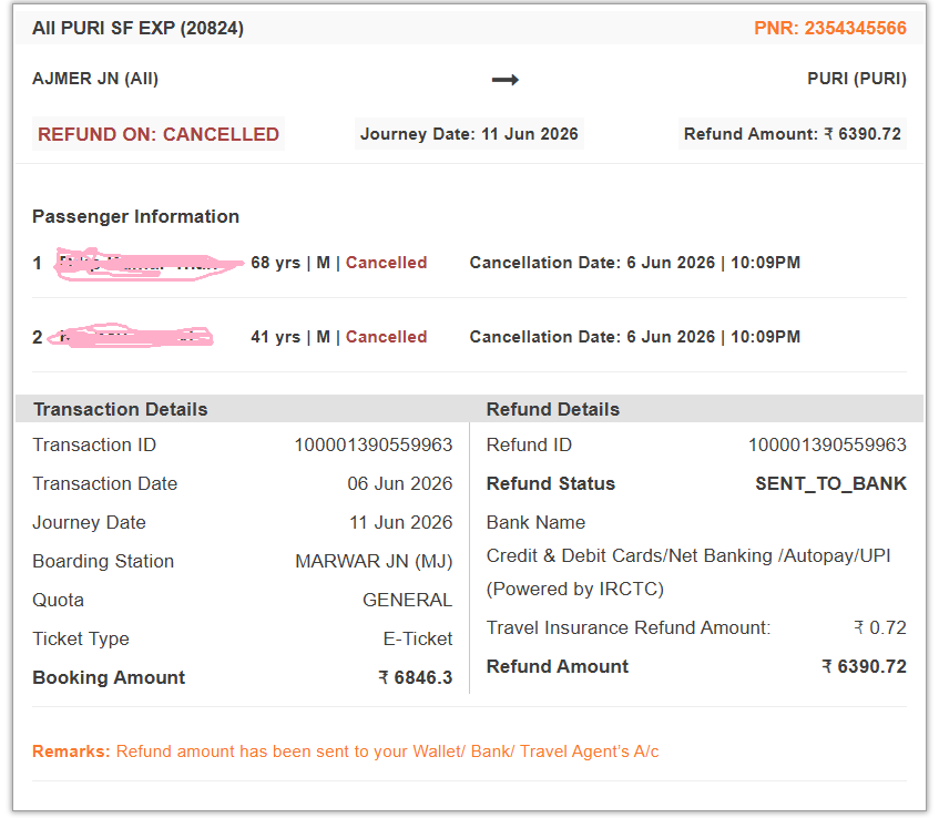 thanvikeshav's tweet photo. @RailMadad @IRCTCofficial Can you please check this query is still unresolved. The ticket has been cancelled on 6-June-2026 itself. Details enclosed for your reference. This query is still unattended as per my records. You have just acknowledged the complaint on twitter/railmadad https://t.co/CqkLYi3ccc
