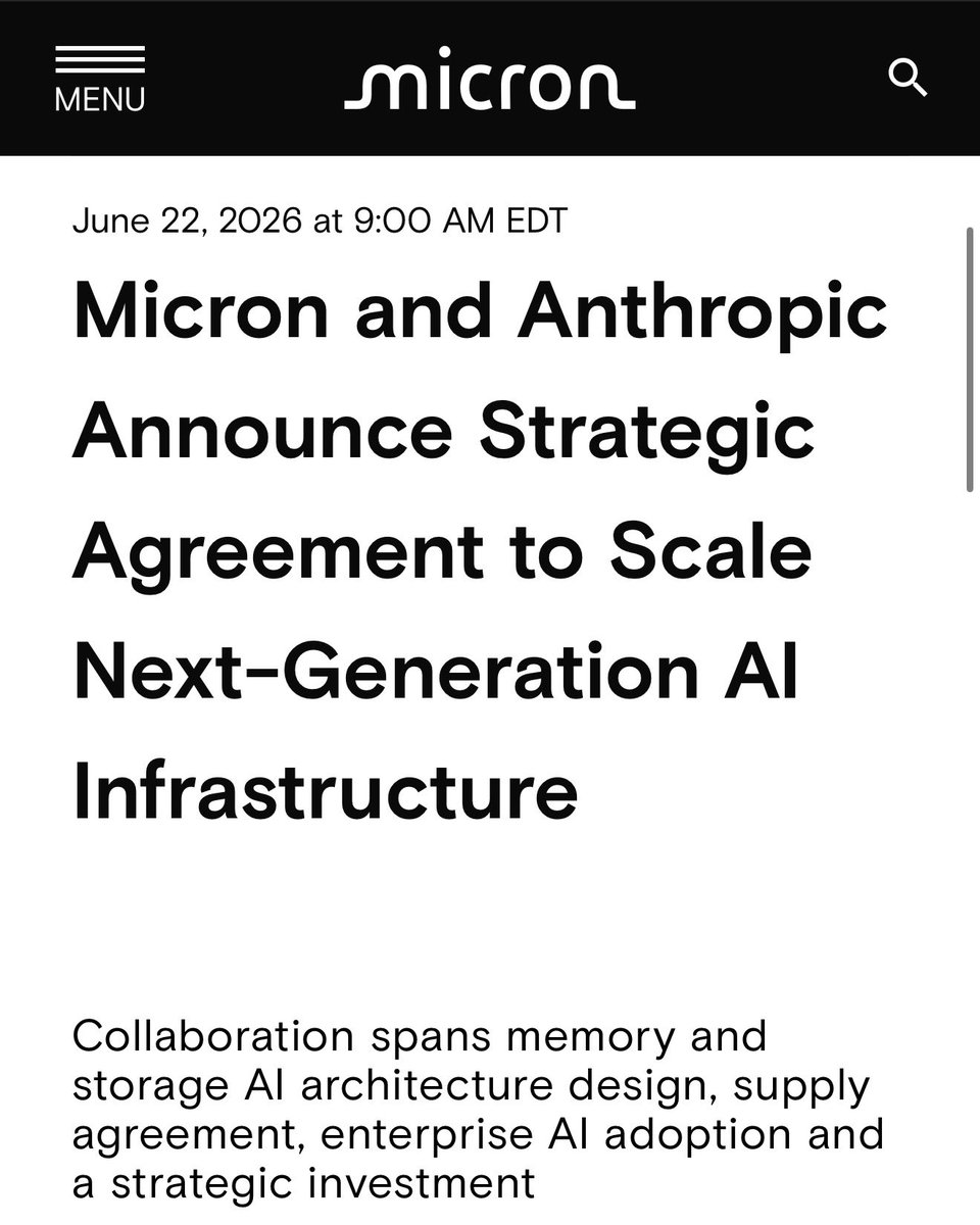 DailyStock9946's tweet photo. 🟢 Micron $MU  美光科技今日宣布与 Anthropic 签署战略合作协议，内容包括多年期 AI 内存与存储供应协议、基础设施优化，以及在 Micron 企业运营中采用 Claude。

此外，Micron 将向 Anthropic 提供 HBM、DRAM 和 SSD 产品，同时还将参与 Anthropic 的 Series H 融资轮。 https://t.co/dPnUadaCaL