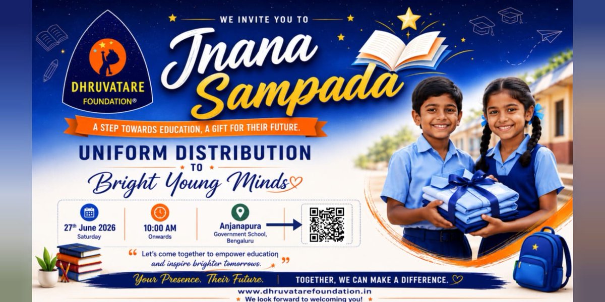 Dhruvatare_'s tweet photo. ✨ Dhruvatare Foundation presents Jnana Sampada – distributing uniforms at Anjanapura Govt School to nurture equality in education. 🌿 Let’s empower young minds with dignity & confidence.
Join us on 27 June 2026, 10 am onwards.
#JnanaSampada #EducationForAll #EqualityInEducation https://t.co/UBlwZ0BBzX