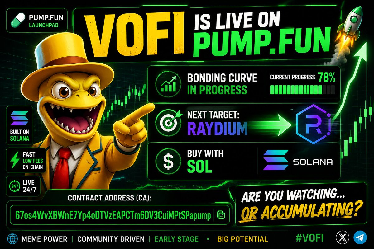 VOFIICOIN's tweet photo. VOFI is live on https://t.co/6r2Tn4YP7z 🚀
Built on Solana. Buy with SOL. Growing organically.
📈 Bonding Curve in progress 🎯 Next milestone: Raydium
C A: 67os4WvXBWnE7Yp4oDTVzEAPCTm6DV3CuiMPtSPapump
Are you watching... or accumulating?
#VOFI #Solana #PumpFun #Raydium https://t.co/pGb1tIUODc