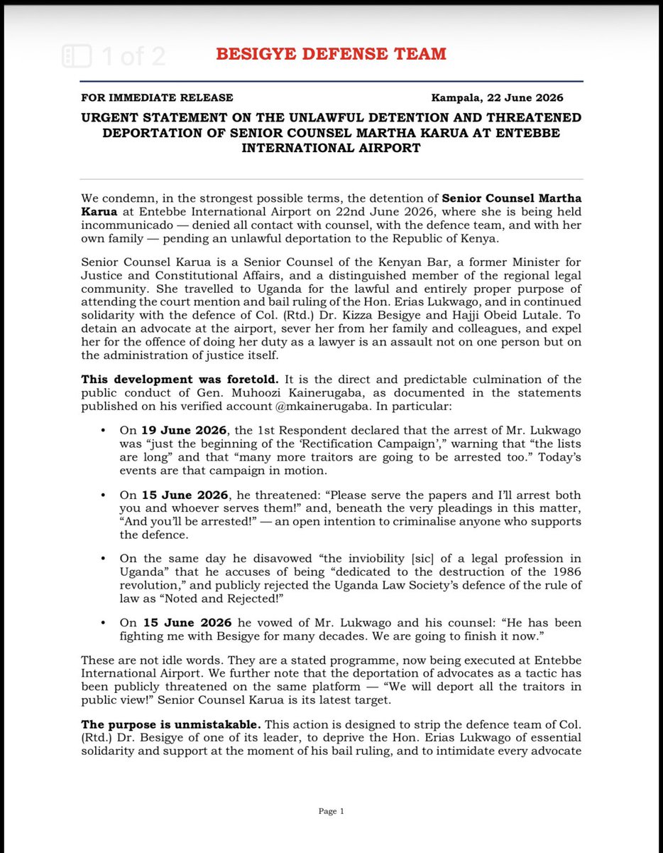 TumusiimeKato's tweet photo. The Dr. Besigye defense team highlights the illegalities about the illegal and incommunicado detention of Sc @MarthaKarua and the purported deportation by the Ugandan government and security authorities.

We shall not relent ! https://t.co/13VtnqEJiu