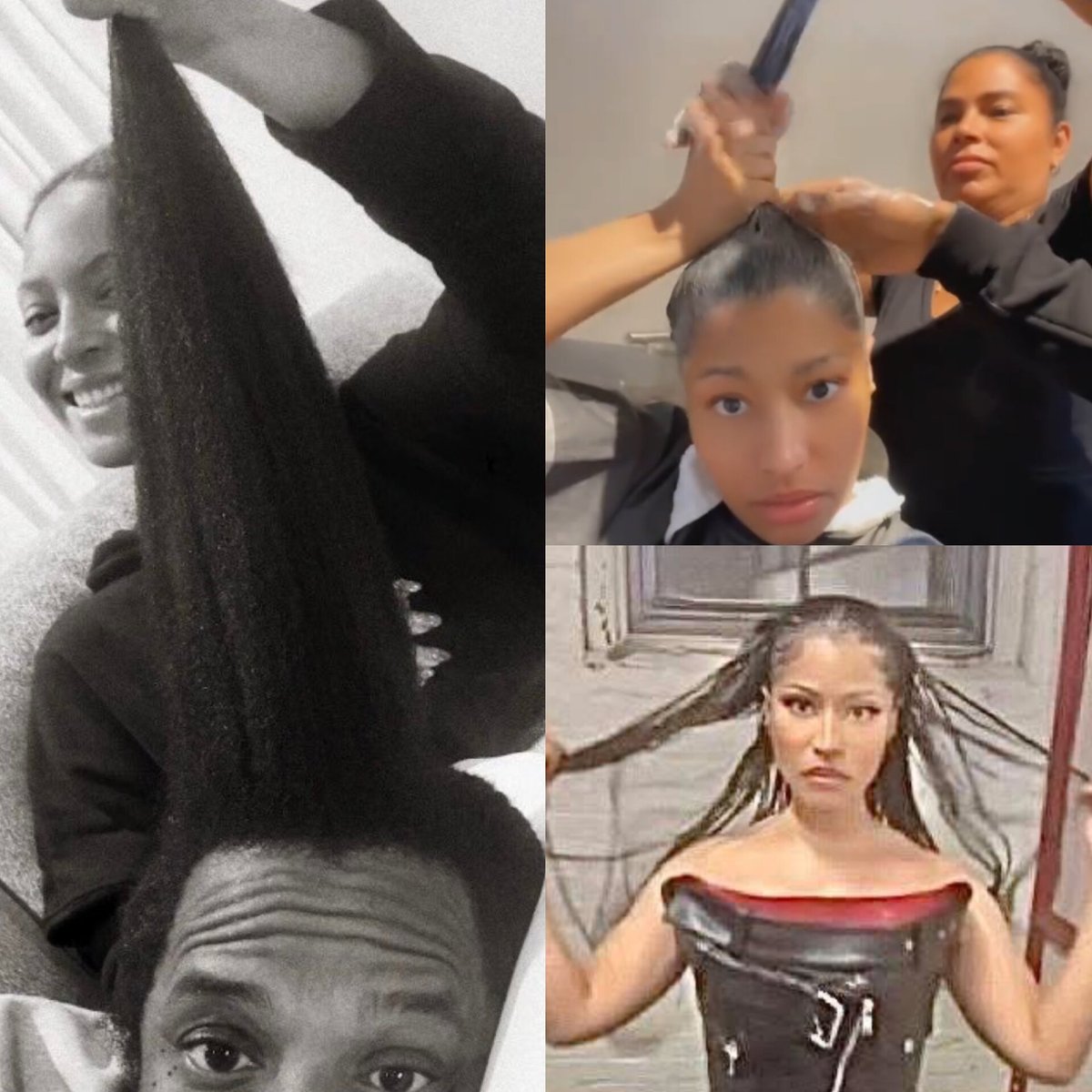 RedMedia_us's tweet photo. Fans have noticed that Jay-Z's natural hair is thicker, darker and healthier than Nicki Minaj's hair who accused him of wearing wigs. 

Her 'stylist', @SleezeMaraj was recently caught on camera saying that the 45-year-old Trinidadian native needs Beyoncé's CÉCRED to restore her badly damaged hair.
