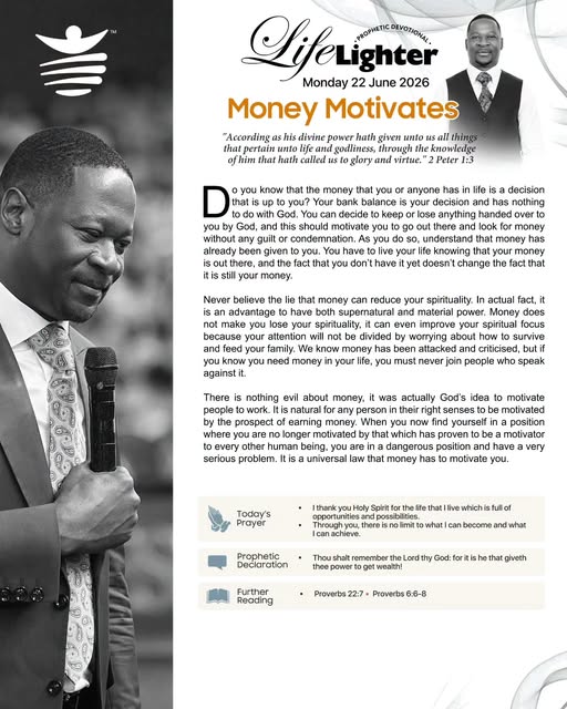 ruthmakandiwa's tweet photo. Monday 22 June 2026
Money Motivates.
#LifeLighter #DailyDevotional #EmmanuelMakandiwa #RuthEmmanuelMakandiwa https://t.co/jPqbFsEqZV