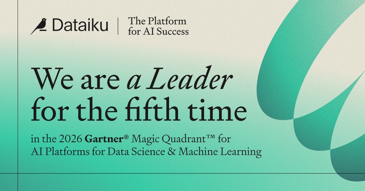 dataiku's tweet photo. Dataiku has been named a Leader for the 5th time in the 2026 Gartner® Magic Quadrant™ for AI Platforms for Data Science &amp; ML. We believe scaling AI takes the right people, orchestration, &amp; governance — the Formula for AI Success — to turn ambition into impact. More to come. https://t.co/IOBLSnSaaU