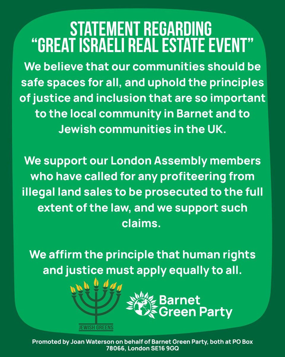 BarnetGreens's tweet photo. Our joint statement with Jewish Greens regarding last week's "Great Israeli Real Estate Event"

#GreenParty #Barnet https://t.co/EL7fKdP7Mc