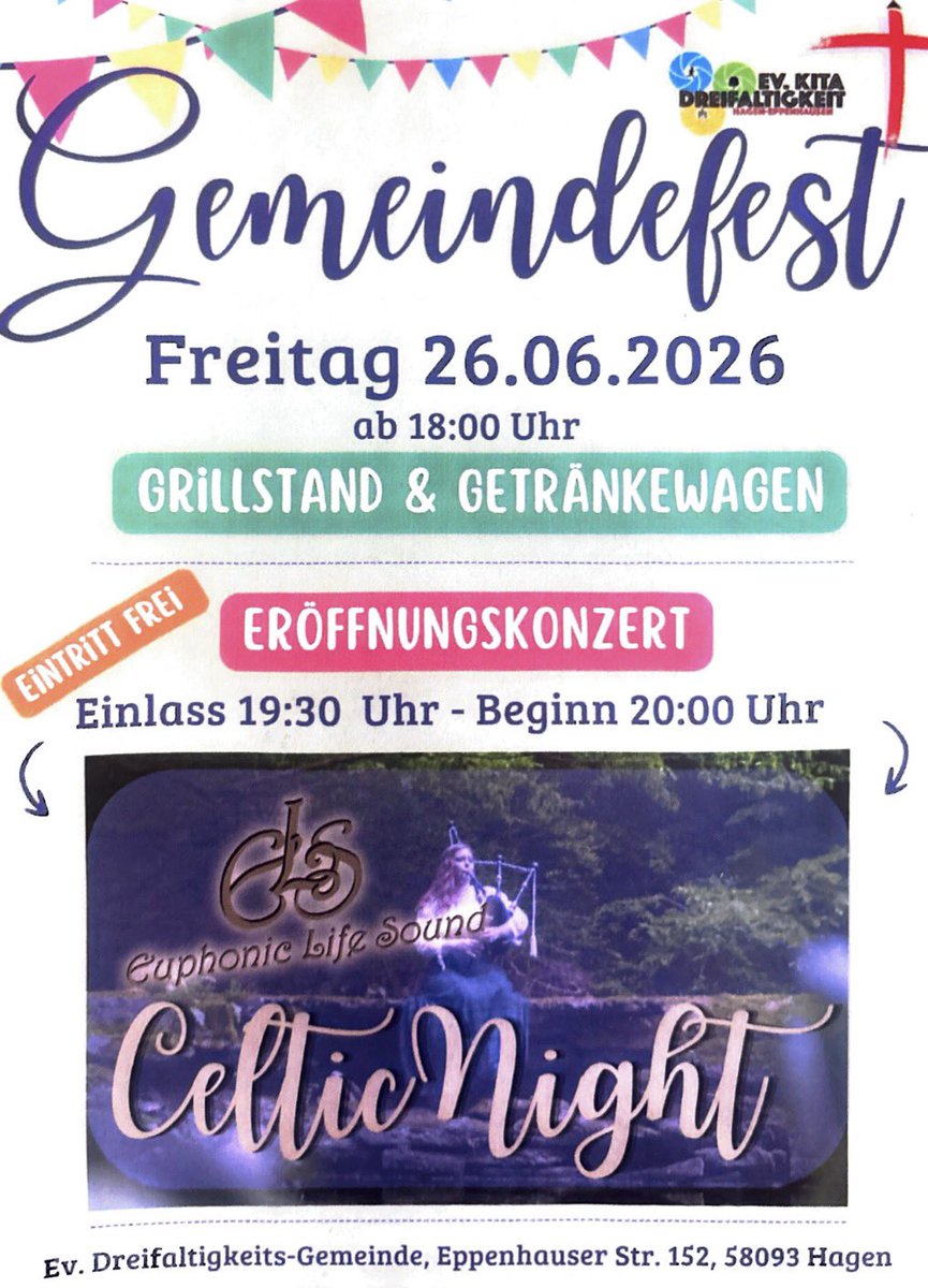 ThomasWalter71's tweet photo. Das Gemeindefest der Evangelischen Dreifaltigkeitskirche von Hagen-Eppenhausen ist vom Freitag, dem 26. Juni 2026, bis zum Sonntag, dem 28. Juni 2026. #dreifaltigkeitskirchehageneppenhausen #dreifaltigkeitskirchehagen #gemeindefestdreifaltigkeit #gemeindefestdreifaltigkeit2026 https://t.co/WTiHHXwaFr