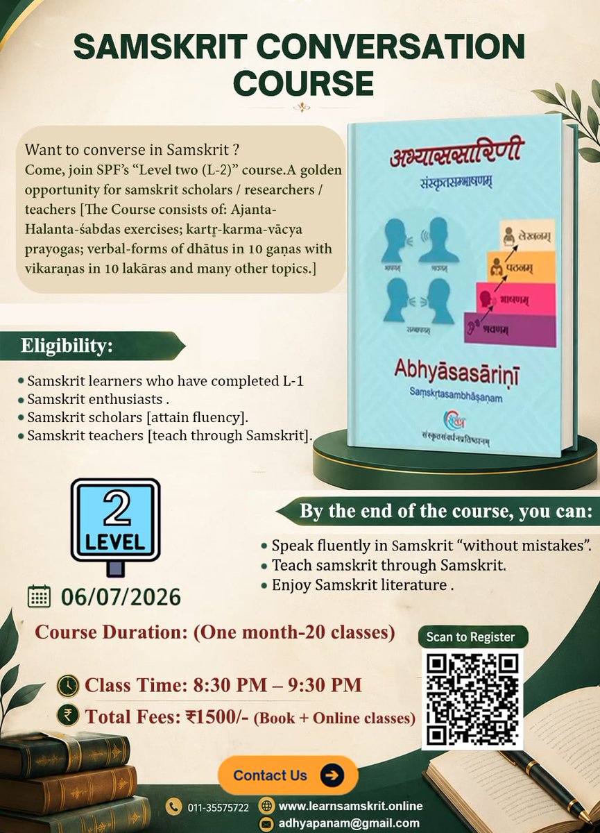 adhyapanam's tweet photo. Samskrit Conversation Skills
Enroll - https://t.co/43ELFtvfJ1

Course Overview:
Samskrit Conversation Skills course empowers learners to communicate effectively in Sanskrit, fostering a deeper connection with India's rich cultural heritage.

#conversationinsanskrit #sanskrit https://t.co/xRenR5I4bj
