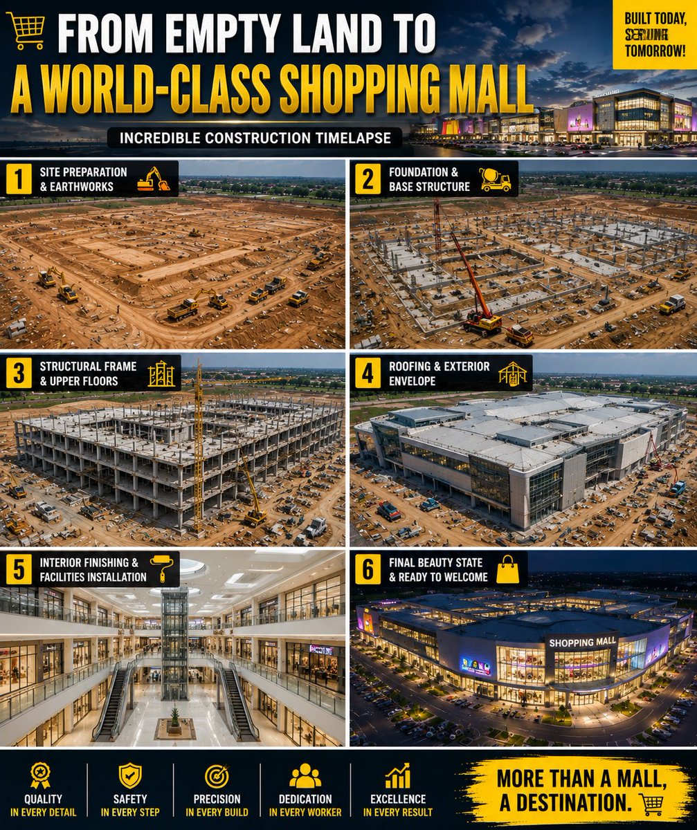 GentleMild59306's tweet photo. Watch the incredible transformation as a modern mall rises step by step. Every foundation, structure, and finishing detail brings a new place for people to connect, shop, and create memories https://t.co/wVvbpc03Qw