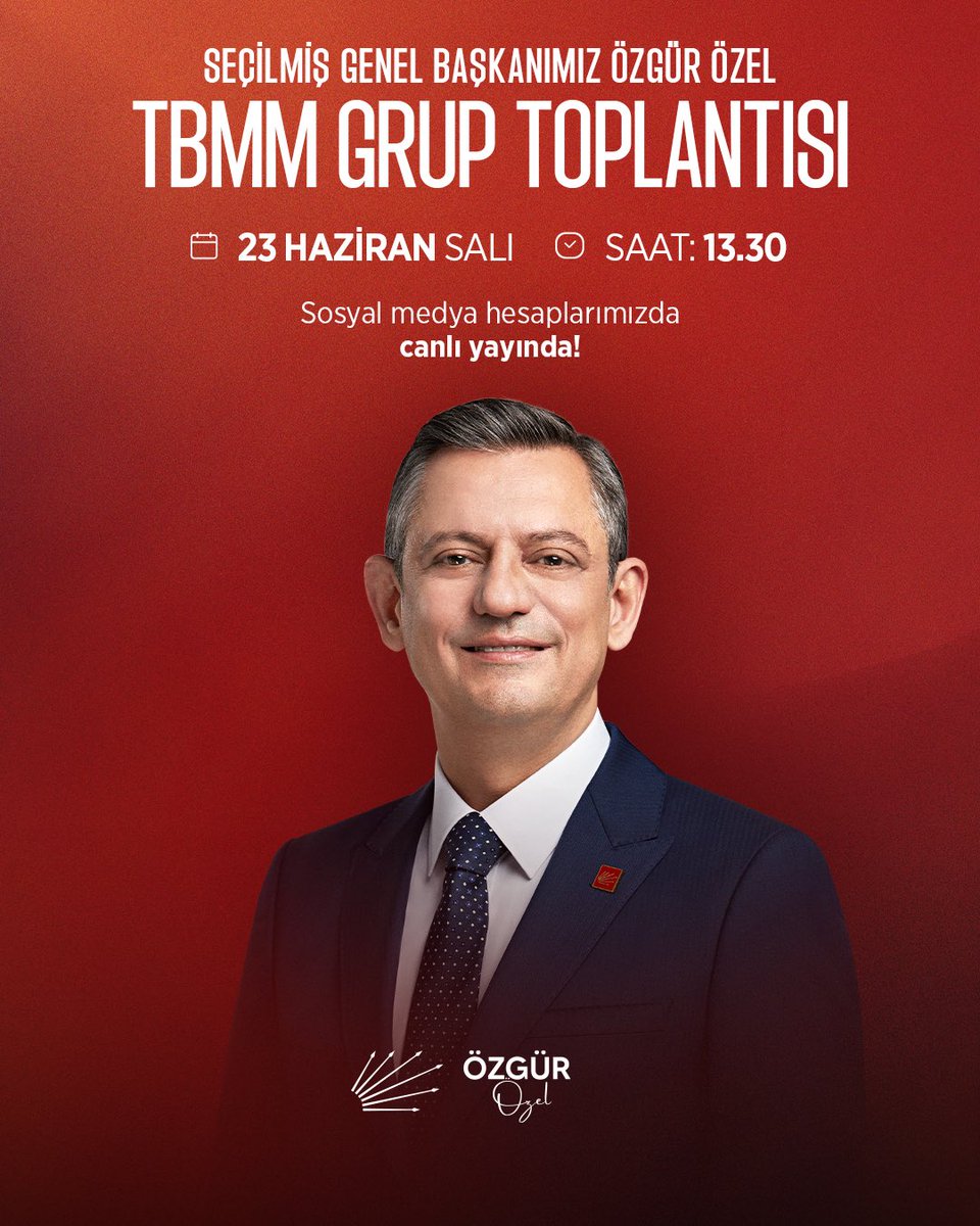 gulciftci's tweet photo. Seçilmiş Genel Başkanımız Sayın Özgür Özel, yarın partimizin haftalık TBMM grup toplantısında konuşacak.

🗓️ 23 Haziran Salı
⏰ 13.30 https://t.co/BYfrCAQsza