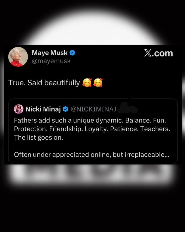 BlackMedia___'s tweet photo. Maye Musk, Mother of Trillionaire Elon Musk, Reacts to @NICKIMINAJ’s Father’s Day Message Honoring Fathers Around the World:

 “True. Said Beautifully🥰🥰” https://t.co/krob7ydIOa