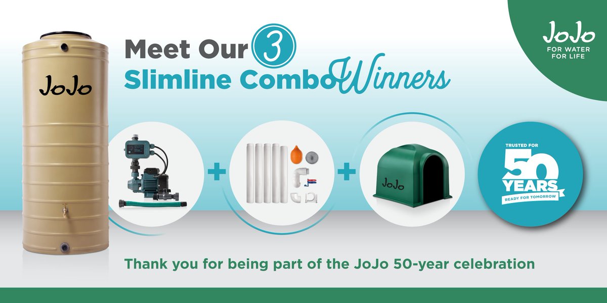 JoJo_tanks's tweet photo. 🎉 Congratulations to our Slimline Combo winners: @MarieNkuna, @PhyllisSingo, @GreshenNaidoo! ​

Thank you for celebrating 50 years of JoJo with us and for sharing your #MyJoJoStory. Each winner receives a 1000L Slimline Combo. ​

#MyJoJoStory #JoJo50Years #JoJo https://t.co/2PqAhj2Ed6