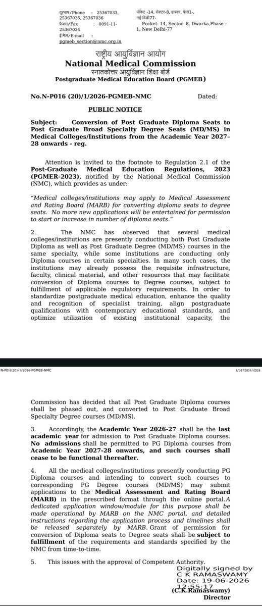 DrMeet_Ghonia's tweet photo. National Medical Commission @NMC_BHARAT has issued a public notice regarding the conversion of Post Graduate Diploma seats into Broad Specialty Degree seats (MD/MS).

🔹 Academic Year 2026-27 will be the last year for admission to PG Diploma courses.
🔹 From Academic Year 2027-28 onwards, no admissions will be permitted to PG Diploma courses.
🔹 All PG Diploma courses will be phased out and converted into MD/MS degree seats, subject to approval by MARB and fulfillment of NMC norms.

@FordaIndia @ANI
