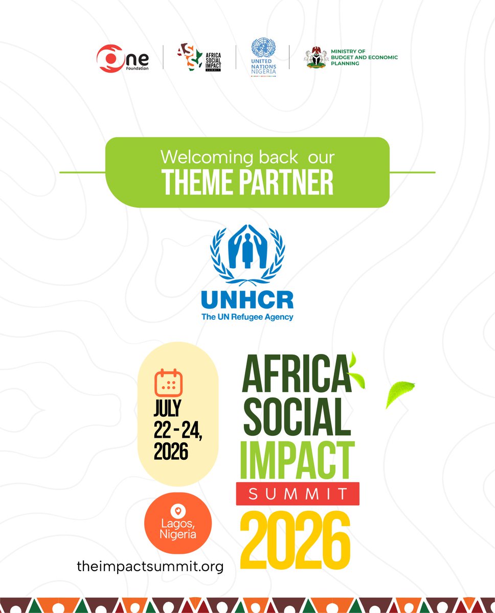 onefoundationng's tweet photo. We are delighted to welcome back the United Nations High Commissioner for Refugees (UNHCR) as a Theme Partner for the Africa Social Impact Summit (ASIS) 2026.

Across the world, millions of people have been forced to flee their homes due to conflict, persecution, and crises. UNHCR continues to lead global efforts to protect refugees, internally displaced and stateless people, providing life-saving assistance while creating pathways to safety, dignity, inclusion, and long-term resilience.

Their continued partnership at ASIS 2026 reinforces the importance of collective action in addressing displacement, advancing social inclusion, and building sustainable solutions that leave no one behind.

We look forward to the impactful conversations, partnerships, and innovations that this collaboration will inspire as we work together to accelerate progress across Africa.

Register now to connect with UNHCR and other changemakers shaping the continent’s future: https://t.co/UouksNiyc3

#ASIS2026 #Partnerships4TheSDGs #TransformingAfrica #Africa #SocialImpact #UNHCR #LeaveNoOneBehind