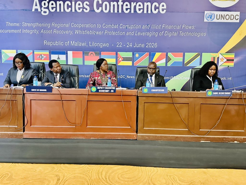 SADC_News's tweet photo. 𝐑𝐞𝐠𝐢𝐨𝐧𝐚𝐥 𝐂𝐨𝐧𝐟𝐞𝐫𝐞𝐧𝐜𝐞 𝐨𝐟 𝐇𝐞𝐚𝐝𝐬 𝐨𝐟 𝐒𝐀𝐃𝐂 𝐀𝐧𝐭𝐢-𝐂𝐨𝐫𝐫𝐮𝐩𝐭𝐢𝐨𝐧 𝐀𝐠𝐞𝐧𝐜𝐢𝐞𝐬 𝐎𝐩𝐞𝐧𝐬 𝐢𝐧 𝐋𝐢𝐥𝐨𝐧𝐠𝐰𝐞 

The SADC Heads of Anti-Corruption Agencies Conference officially opened today, the 22 June 2026, in Lilongwe, Malawi, bringing together anti-corruption leaders, policymakers, and development partners to strengthen regional cooperation in the fight against corruption, illicit financial flows, and related crimes.

The Conference is being jointly convened by the SADC Secretariat, the United Nations Office on Drugs and Crime (UNODC), and the Government of the Republic of Malawi, reflecting a shared commitment to advancing transparency, accountability, and good governance across the region.

Delivering remarks on behalf of the SADC Secretariat, Deputy Executive Secretary for Corporate Affairs, Dr Judith Kateera, underscored the need for collective action to address evolving corruption challenges across the region. “Corruption remains a serious threat to sustainable development, peace and security in our region. It erodes public trust, weakens institutions, distorts markets, and undermines the rule of law,” said Dr Kateera.

The opening ceremony also featured remarks from Hon. Charles Mhango, Malawi’s Minister of Justice and Constitutional Affairs and Guest of Honour; Counsel Gabriel Chembezi, Chairperson of the SADC Anti-Corruption Committee (SACC) and Acting Director General of Malawi’s Anti-Corruption Bureau and Mr Francesco Checchi, Team Leader of the UNODC Anti-Corruption and Financial Crimes Hub for Africa.

Held under the theme “Strengthening Regional Cooperation to Combat Corruption and Illicit Financial Flows: Procurement Integrity, Asset Recovery, Whistleblower Protection and Leveraging Digital Technologies,” the conference provides a platform for Member States to exchange experiences, strengthen collaboration, and develop practical solutions to emerging corruption risks.

The meeting is particularly important as corruption increasingly transcends national borders, requiring coordinated regional responses to enhance procurement integrity, strengthen asset recovery mechanisms, protect whistleblowers, and leverage technology to detect and prevent corruption. Through these discussions, SADC Member States aim to reinforce transparency, accountability, good governance, and sustainable development across the region.