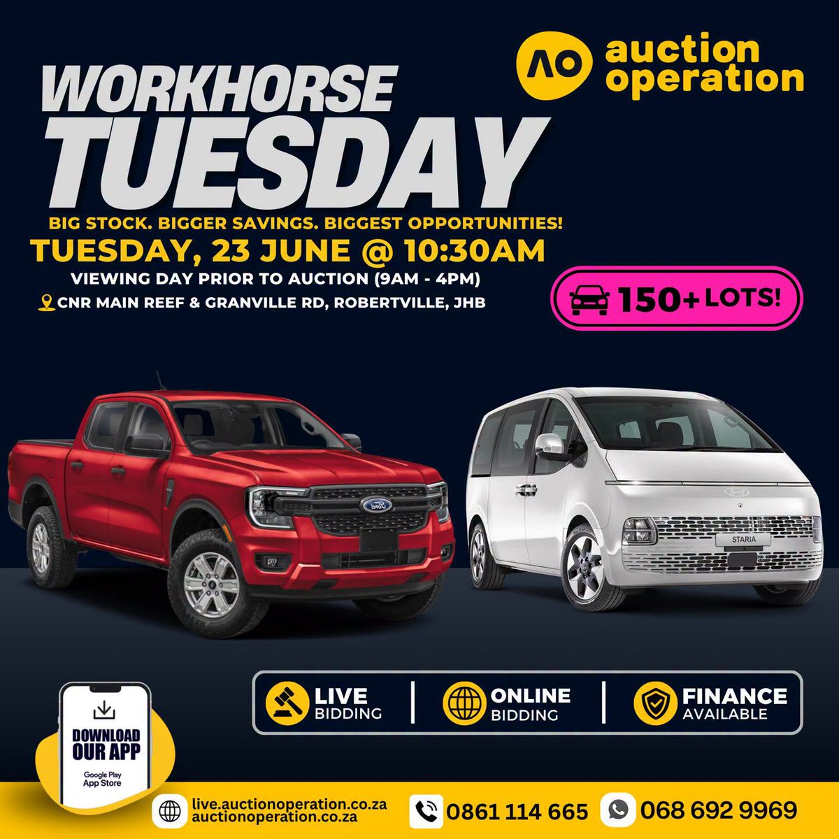 auction_aop's tweet photo. 👏Over  150 Lots on Auction Tomorrow! (Tues 23 June)🔥

🗓️ Tuesday 23 June @ 10:30 am 
📍Location: Cnr Main Reef & Granville Road, Robertville, West Rand, Johannesburg

👀 Viewing Day Prior to Auction (9am - 4pm)
🌐 View Lots on our Website: https://t.co/z8cfFj3wUs

⭐️Live & Online Bidding Available!⭐️

💻 Register for Online Bidding: https://t.co/Lwwb3KqQD5 
📲 Download Our Online Bidding App for Free! - App Store/Play Store

----------------------------------------

▪️No Buyer's Commission for this Auction
▪️Finance Available
▪️Please Read Terms & Conditions Before Registering to Bid on Auction: https://t.co/Qsil5S624E
▪️Registration Requirements: R10 000 Refundable Deposit, ID/Passport, Proof of Residence & Driver’s License
▪️Email Documents to Info@auctionoperation.co.za
▪️Please note your registration will remain pending until valid documents have been received.

🟡 0861 114 665 / 087-135-5700
🟢 Official WhatsApp number for Auction Operation: 068 692 9969 - Stay cautious of potential scams.

----------------------------------------
T’s & C’s Apply
*Above Information is Subject to Change Without Prior Notice