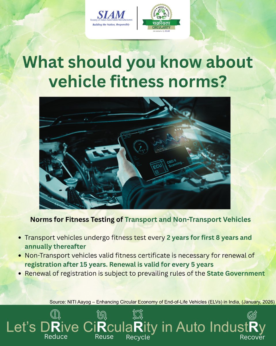 siamindia's tweet photo. Vehicle fitness testing is the backbone of evidence-based ELV identification. Moving away from subjective assessments to standardized testing ensures that vehicle fitness is determined scientifically. This shift enhances road safety while creating a transparent and accountable system for vehicle lifecycle management. For vehicle owners, it brings clarity; for regulators, it strengthens enforcement. As India scales its testing infrastructure, adherence to these norms becomes crucial in ensuring that only roadworthy vehicles remain in circulation. 

Know your vehicle’s status. Stay compliant, stay safe.

#SIAM #BTNR #Chakriyata_SIAM #ELV #Circularity