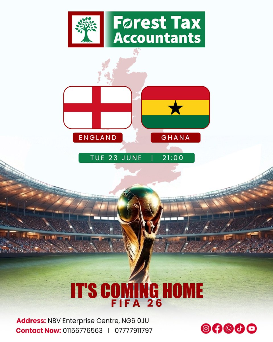 ForestTaxAcc's tweet photo. Match day vibes!🏴󠁧󠁢󠁥󠁮󠁧󠁿vs 🇬🇭 | Tue 23 June, 9pm
FTA, Nottg is backing England. It’s coming home! 
Need help with taxes so you can focus on the game? We’ve got you. 07777911797 #Nottingham #NottinghamBusiness #UKAccountant #SmallBusiness #TaxReturn #FIFA26 #ItsComingHome #ThreeLions https://t.co/HZSav45x8j