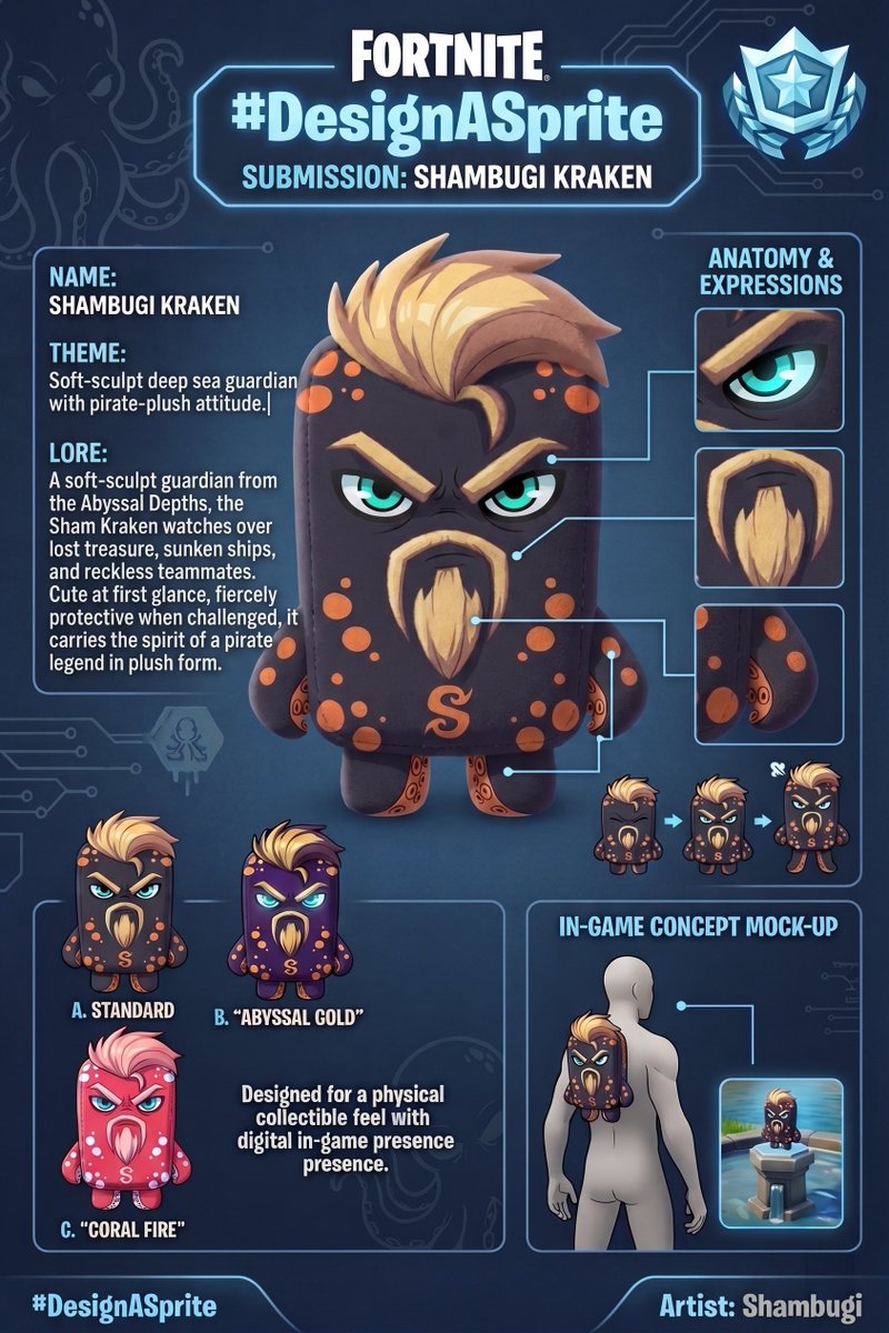 theShambugi's tweet photo. 🌊 Say hello to SHAMBUGI KRAKEN! 🦑

This is my official entry for the Fortnite #DesignASprite contest! He's a tiny deep-sea guardian stitched from sailcloth, sea foam, and pirate pride. Cute enough to follow you into battle, fierce enough to protect the loot.

I even made a few variants: Abyssal Gold and Coral Fire! Which style is your favorite? Let me know 👇

Tagging @FortniteGame @FortniteCreate 🎨🎮

#DesignASprite #FortniteConcept #Fortnite #FortniteArt
