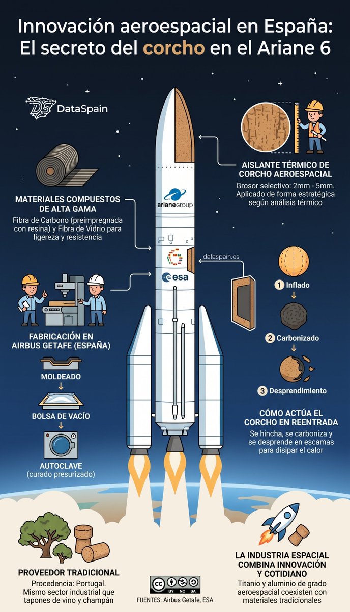 DataSpainES's tweet photo. El secreto mejor guardado del cohete Ariane 6 es... ¡el corcho! 🚀🇪🇸🇵🇹

Airbus Getafe combina la fibra de carbono con aislante térmico natural:
✅ Capas milimétricas de 2 a 5mm.
🔥 En la reentrada se hincha, se carboniza y se escama para disipar el calor.

https://t.co/2XOyc3XhF7 https://t.co/ejRqgKPWLE