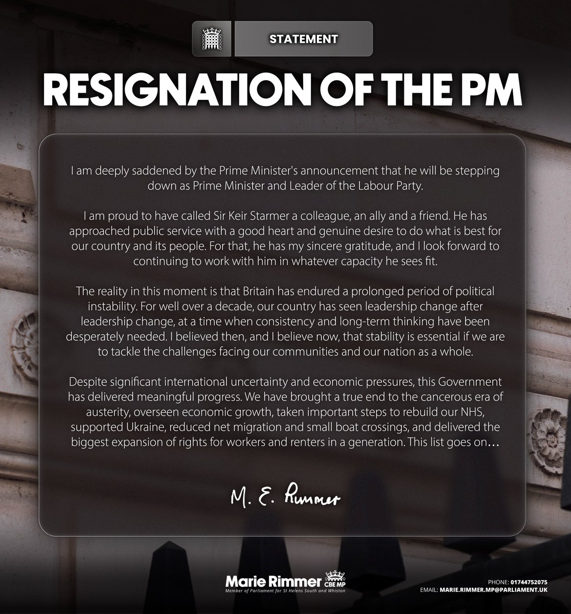 MarieRimmer's tweet photo. Please find below my statement on the resignation of the Prime Minister and the future of Government: https://t.co/t3qgKpkJ9h